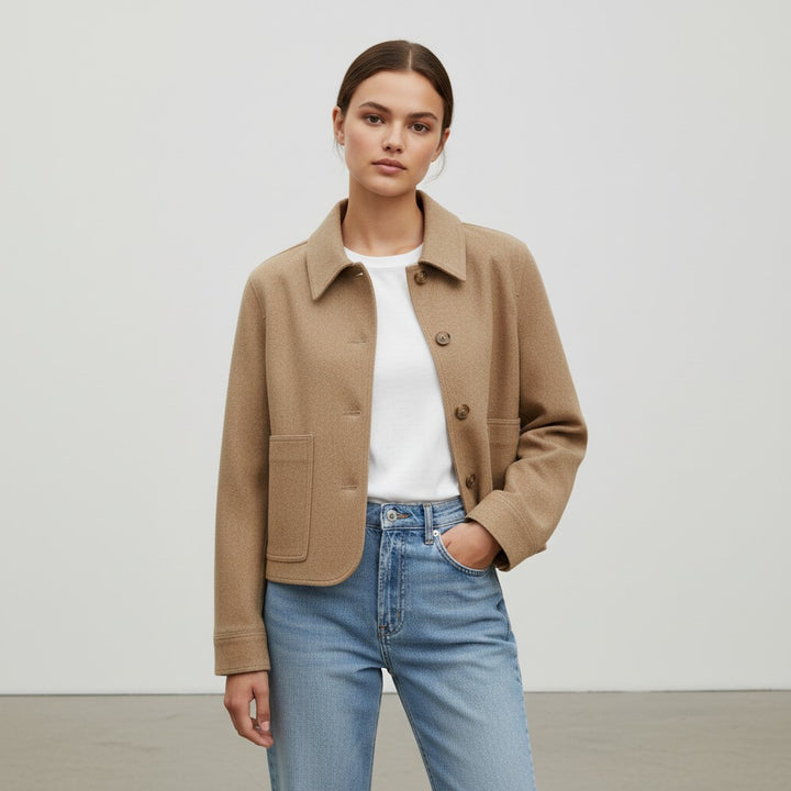 Women’s Camel Suede Coat with Button Closure-Vyana Collective
