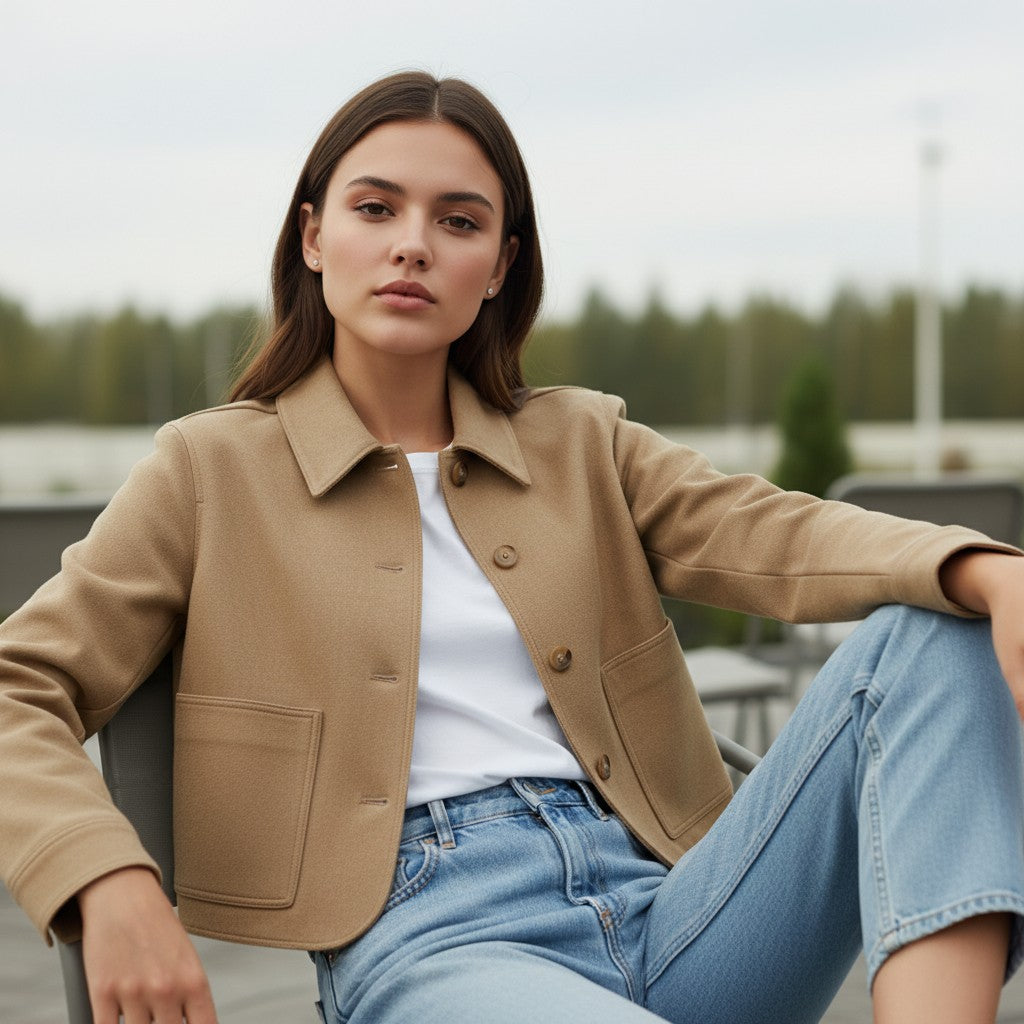 Women’s Camel Suede Coat with Button Closure-Vyana Collective