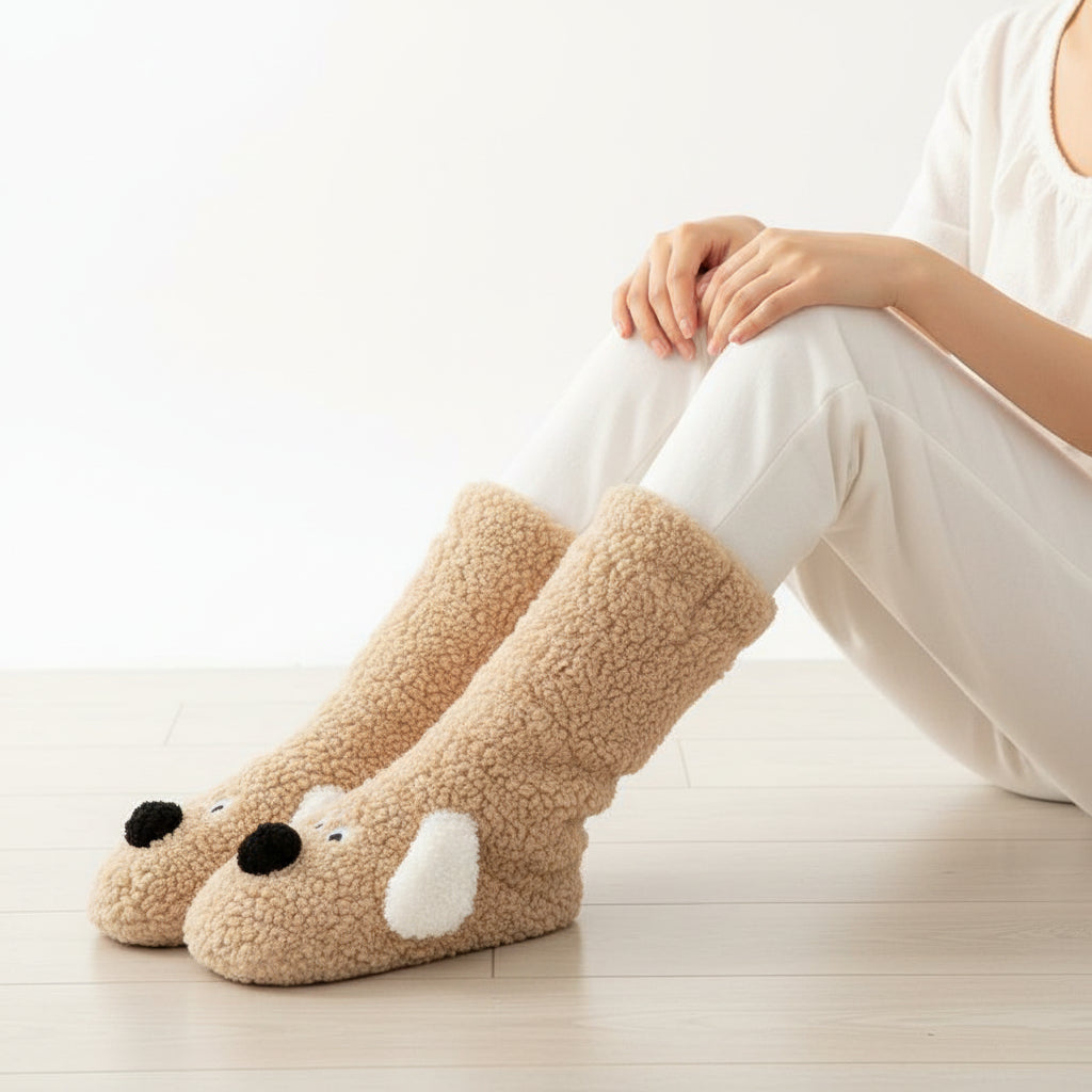 Women’s Cartoon Dog Plush Floor Socks-Vyana Collective