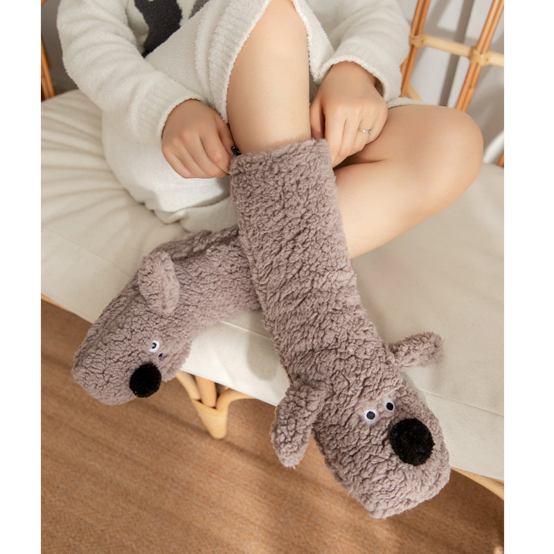 Women’s Cartoon Dog Plush Floor Socks-Vyana Collective