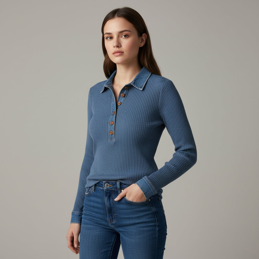 Women’s Casual Long Sleeve Sweater with Denim Collar & Button Front-Vyana Collective