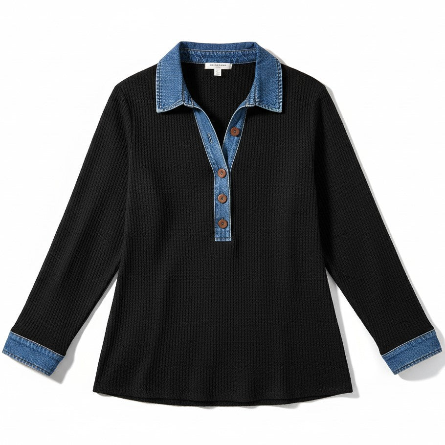 Women’s Casual Long Sleeve Sweater with Denim Collar & Button Front-Vyana Collective