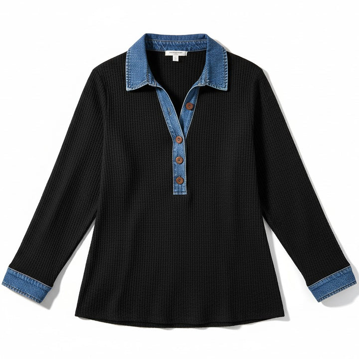 Women’s Casual Long Sleeve Sweater with Denim Collar & Button Front-Vyana Collective