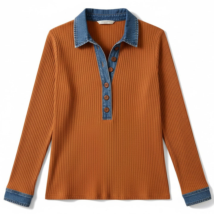 Women’s Casual Long Sleeve Sweater with Denim Collar & Button Front-Vyana Collective