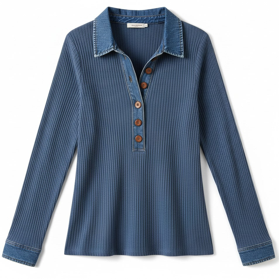Women’s Casual Long Sleeve Sweater with Denim Collar & Button Front-Vyana Collective