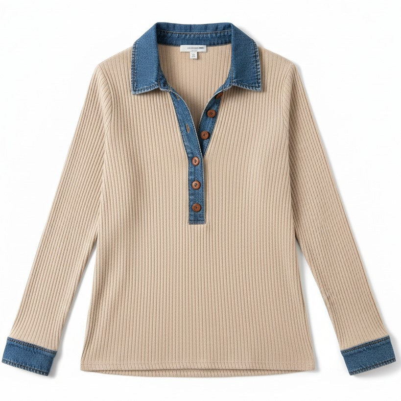 Women’s Casual Long Sleeve Sweater with Denim Collar & Button Front-Vyana Collective