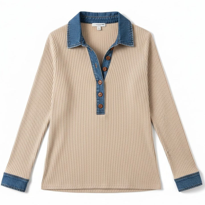 Women’s Casual Long Sleeve Sweater with Denim Collar & Button Front-Vyana Collective