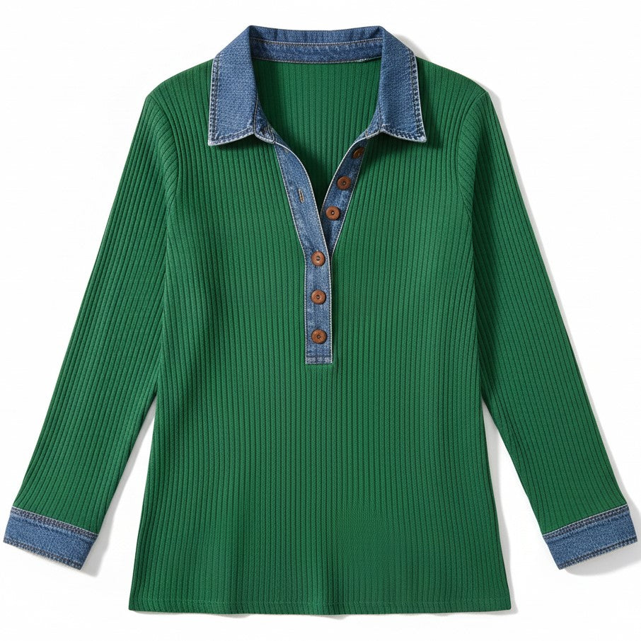 Women’s Casual Long Sleeve Sweater with Denim Collar & Button Front-Vyana Collective