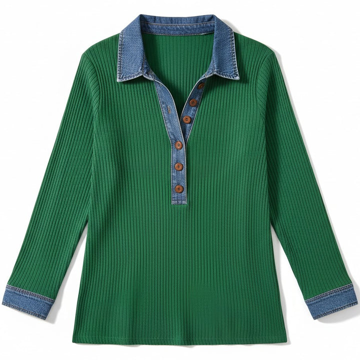 Women’s Casual Long Sleeve Sweater with Denim Collar & Button Front-Vyana Collective