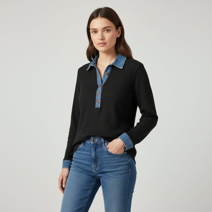 Women’s Casual Long Sleeve Sweater with Denim Collar & Button Front-Vyana Collective