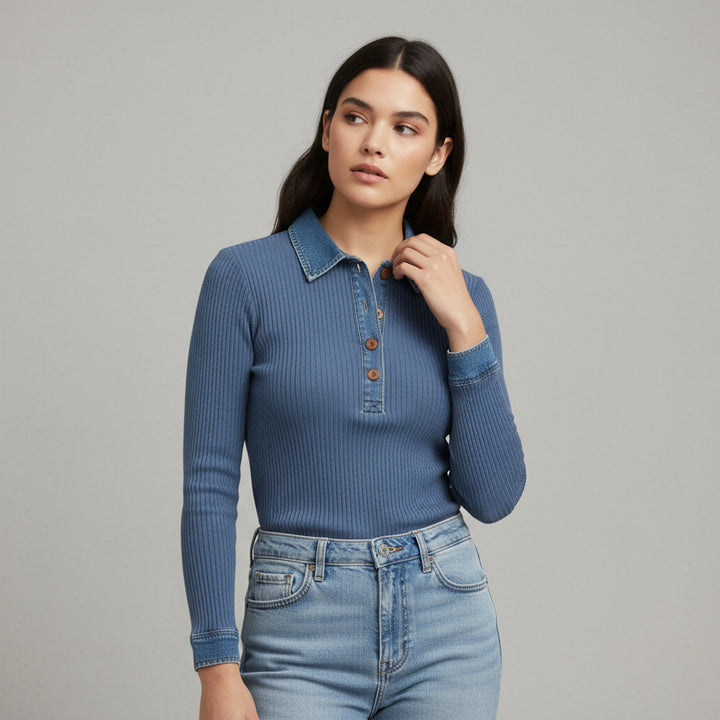 Women’s Casual Long Sleeve Sweater with Denim Collar & Button Front-Vyana Collective