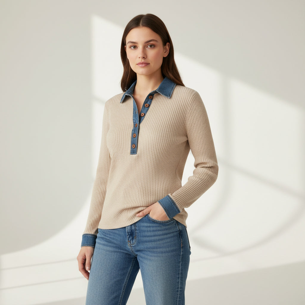 Women’s Casual Long Sleeve Sweater with Denim Collar & Button Front-Vyana Collective
