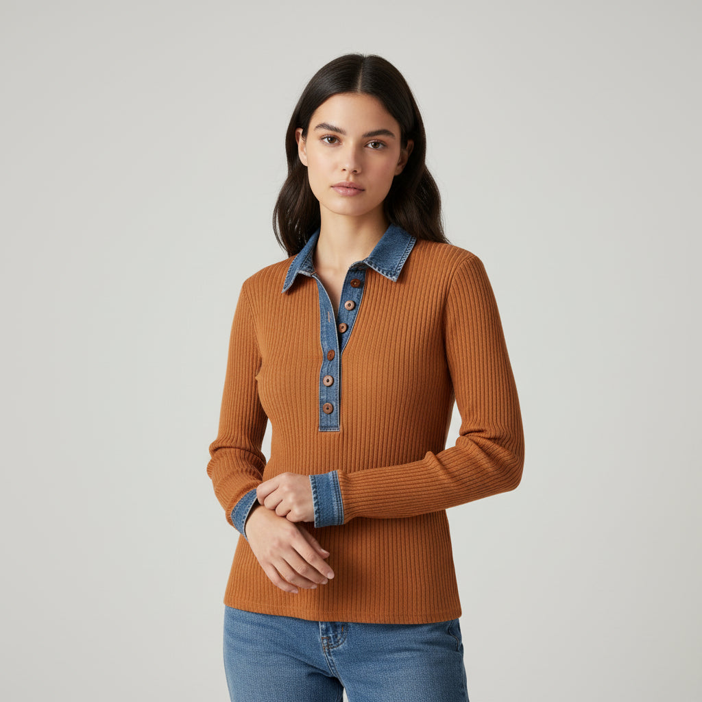 Women’s Casual Long Sleeve Sweater with Denim Collar & Button Front-Vyana Collective