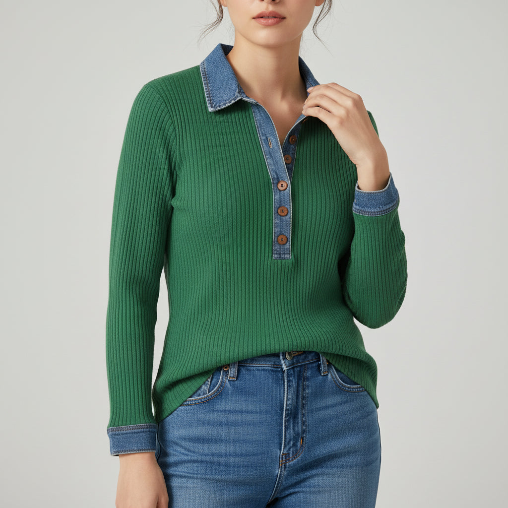 Women’s Casual Long Sleeve Sweater with Denim Collar & Button Front-Vyana Collective