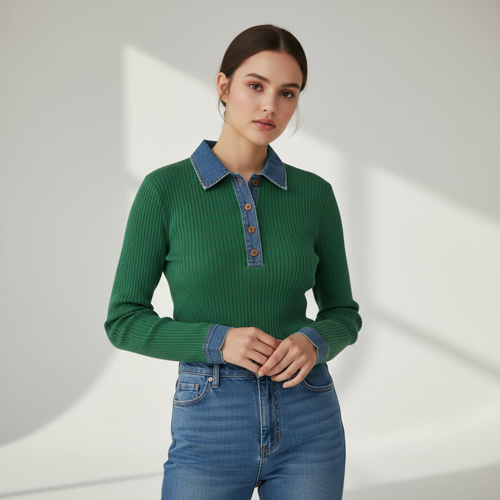 Women’s Casual Long Sleeve Sweater with Denim Collar & Button Front-Vyana Collective
