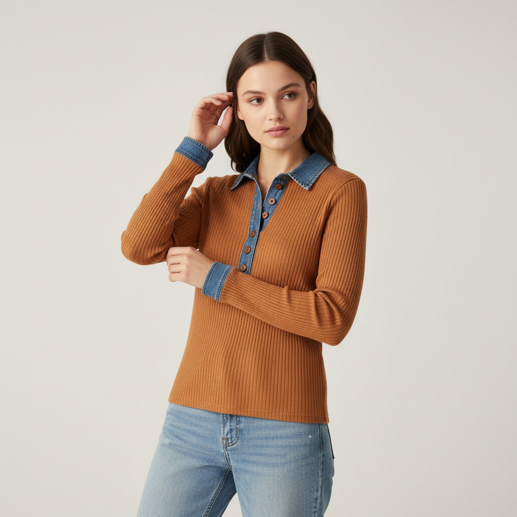 Women’s Casual Long Sleeve Sweater with Denim Collar & Button Front-Vyana Collective