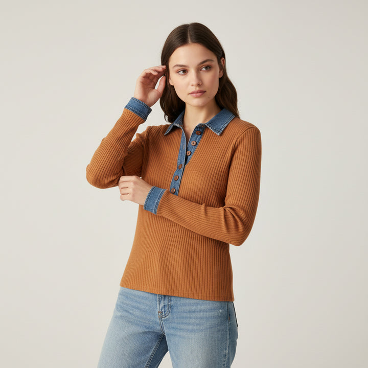 Women’s Casual Long Sleeve Sweater with Denim Collar & Button Front-Vyana Collective