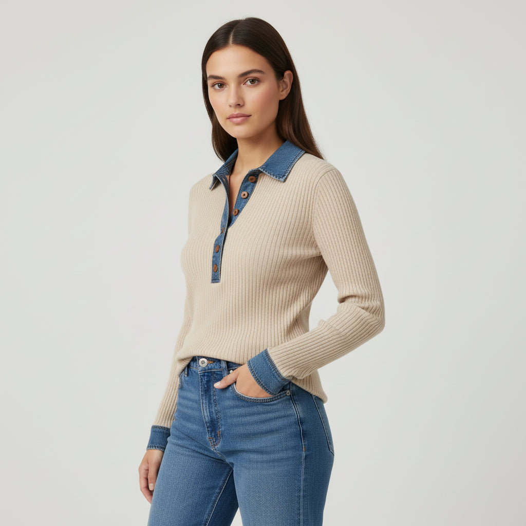 Women’s Casual Long Sleeve Sweater with Denim Collar & Button Front-Vyana Collective