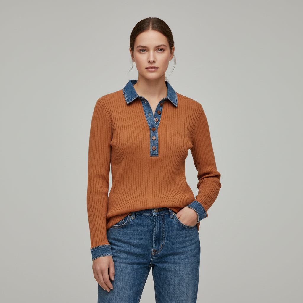 Women’s Casual Long Sleeve Sweater with Denim Collar & Button Front-Vyana Collective