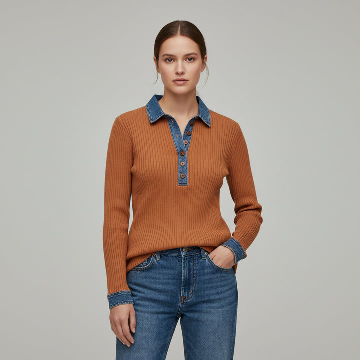 Women’s Casual Long Sleeve Sweater with Denim Collar & Button Front-Vyana Collective