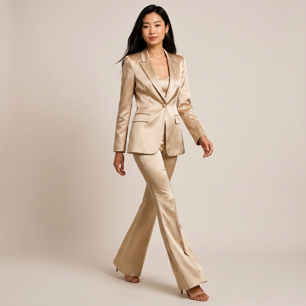 Women's Champagne Satin Blazer and Flared Pants Two-Piece Suit Set-Vyana Collective