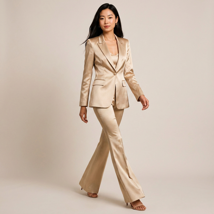 Women's Champagne Satin Blazer and Flared Pants Two-Piece Suit Set-Vyana Collective