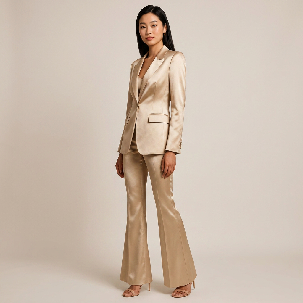 Women's Champagne Satin Blazer and Flared Pants Two-Piece Suit Set-Vyana Collective