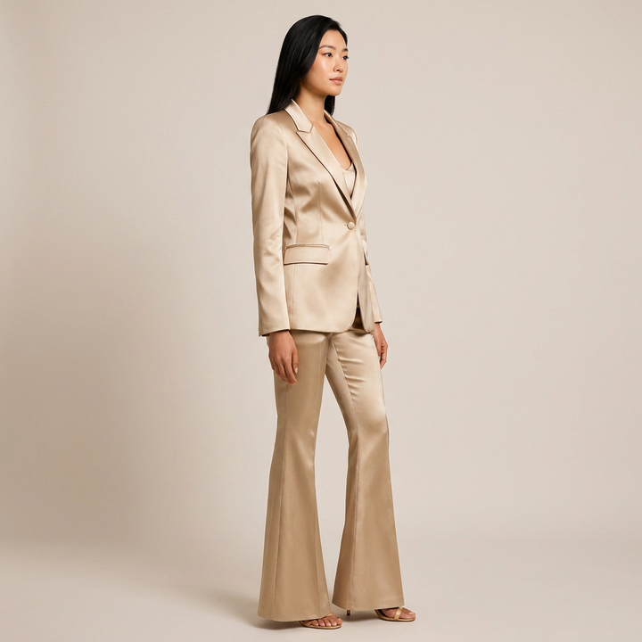 Women's Champagne Satin Blazer and Flared Pants Two-Piece Suit Set-Vyana Collective