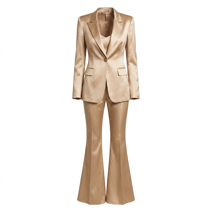 Women's Champagne Satin Blazer and Flared Pants Two-Piece Suit Set-Vyana Collective