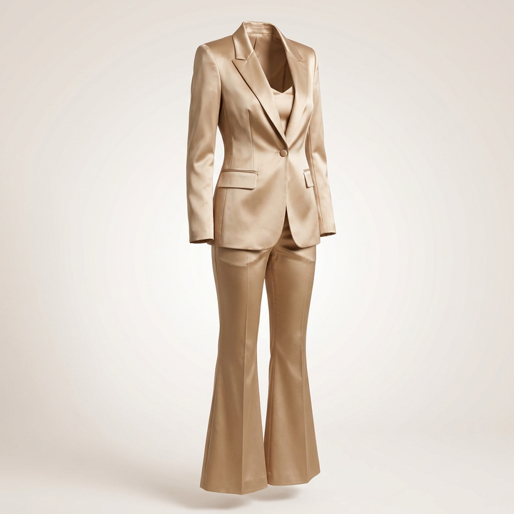 Women's Champagne Satin Blazer and Flared Pants Two-Piece Suit Set-Vyana Collective