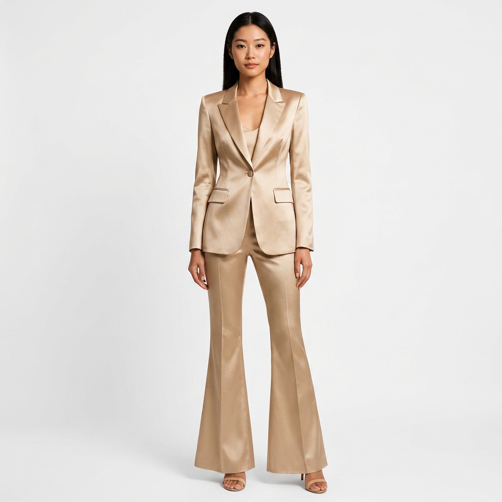 Women's Champagne Satin Blazer and Flared Pants Two-Piece Suit Set-Vyana Collective