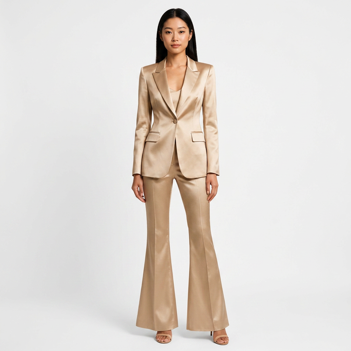 Women's Champagne Satin Blazer and Flared Pants Two-Piece Suit Set-Vyana Collective