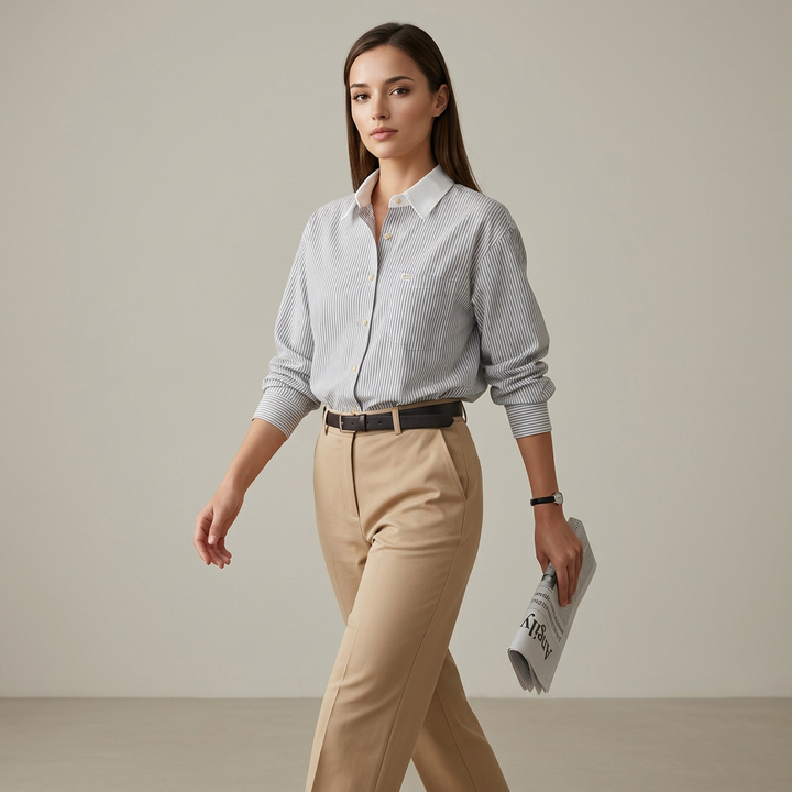 Women’s Contrast Collar Striped Cotton Shirt with Chest Pocket-Vyana Collective