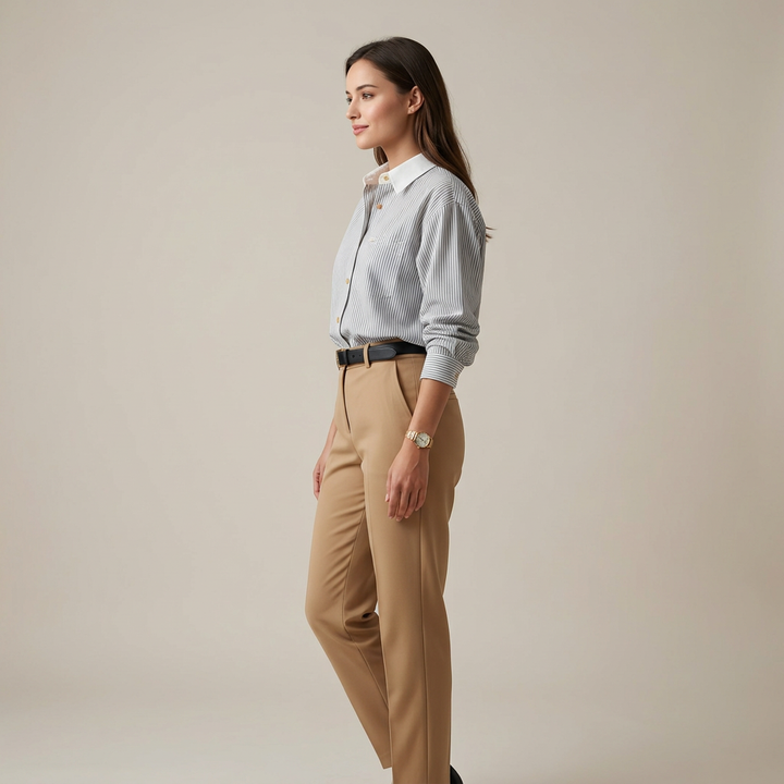 Women’s Contrast Collar Striped Cotton Shirt with Chest Pocket-Vyana Collective