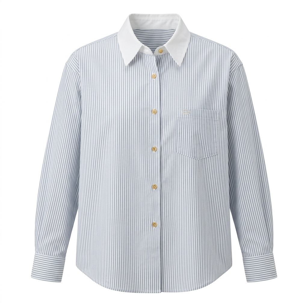 Women’s Contrast Collar Striped Cotton Shirt with Chest Pocket-Vyana Collective