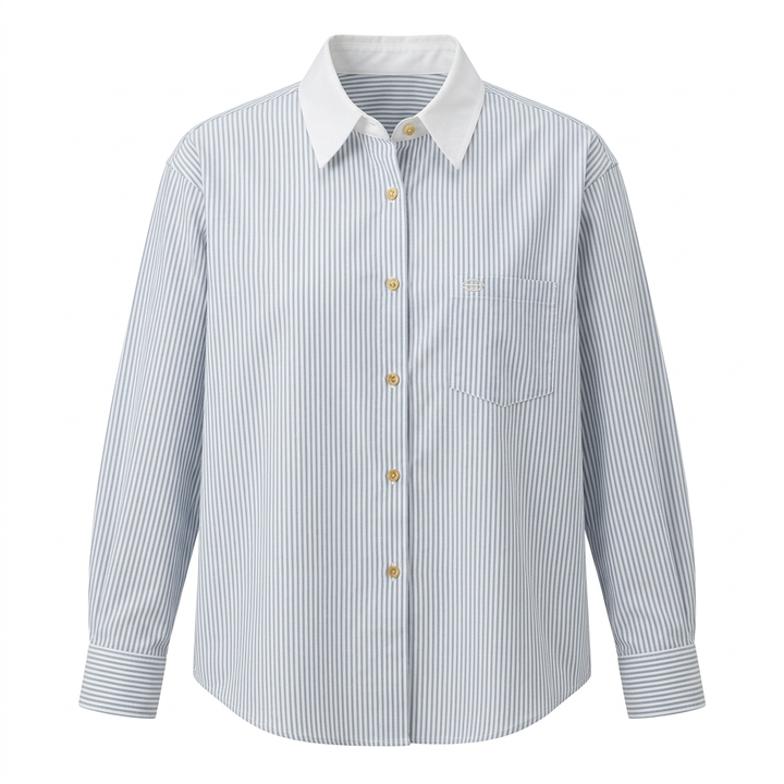Women’s Contrast Collar Striped Cotton Shirt with Chest Pocket-Vyana Collective