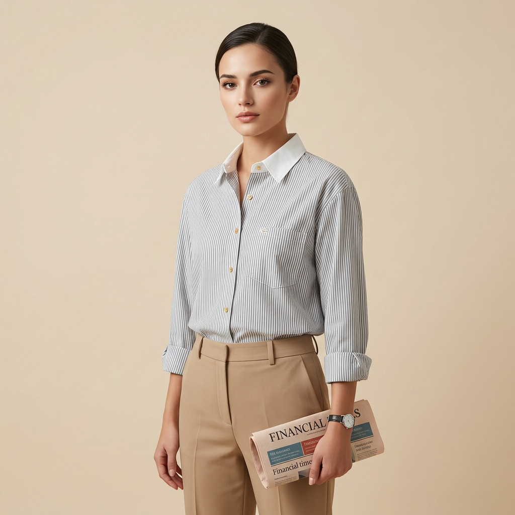 Women’s Contrast Collar Striped Cotton Shirt with Chest Pocket-Vyana Collective