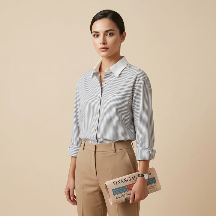 Women’s Contrast Collar Striped Cotton Shirt with Chest Pocket-Vyana Collective