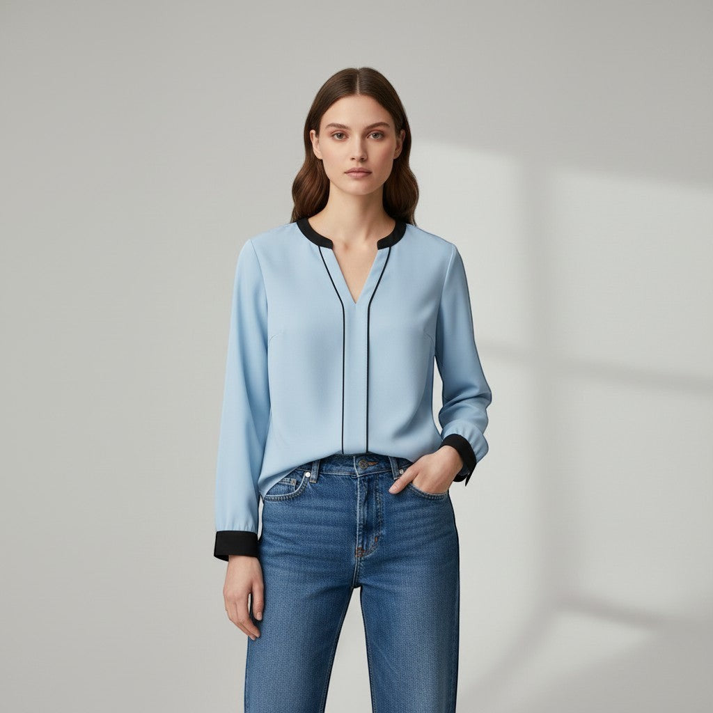 Women's Contrast Trim V-Neck Blouse-Vyana Collective