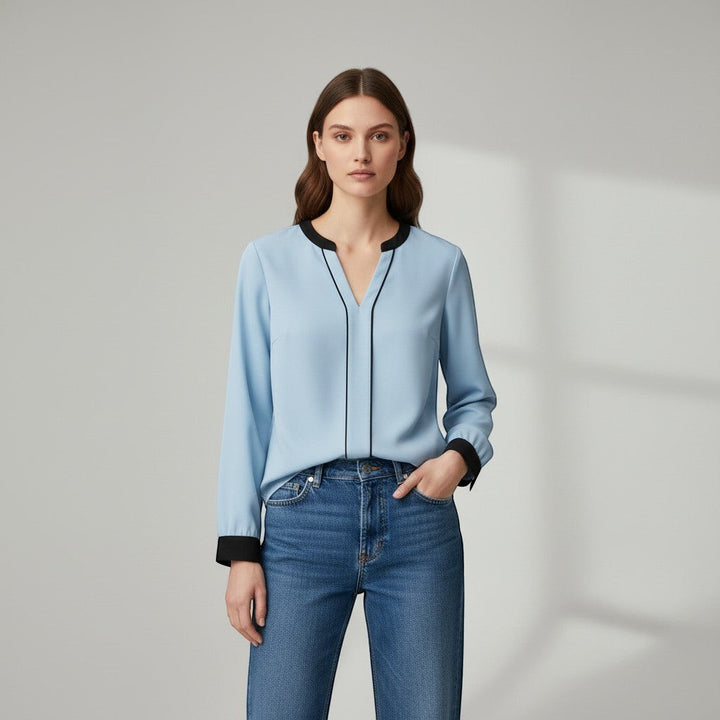Women's Contrast Trim V-Neck Blouse-Vyana Collective