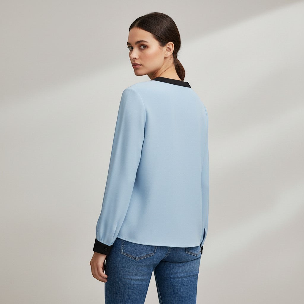 Women's Contrast Trim V-Neck Blouse-Vyana Collective