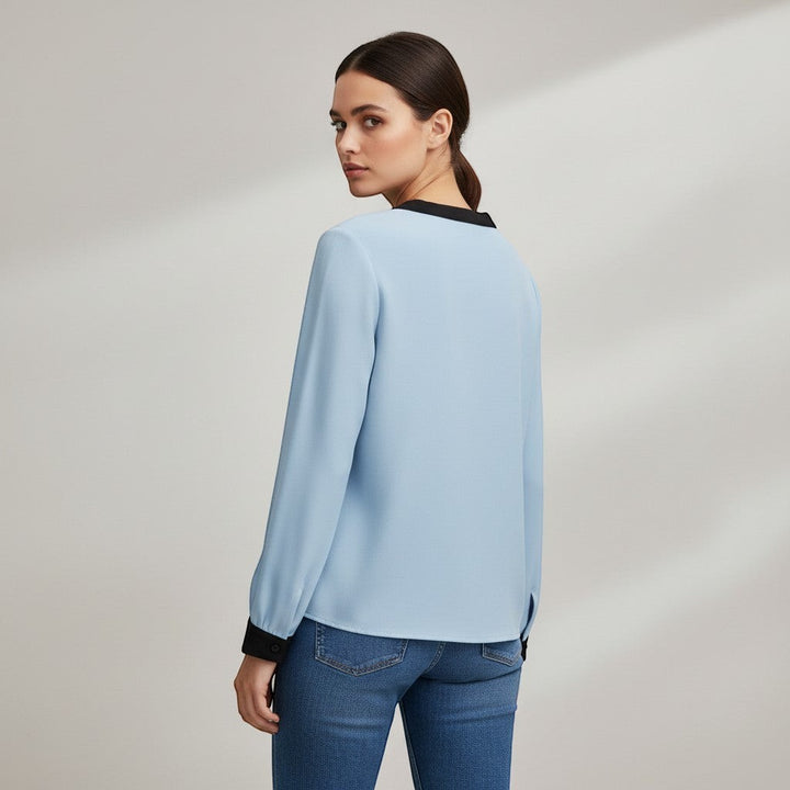 Women's Contrast Trim V-Neck Blouse-Vyana Collective