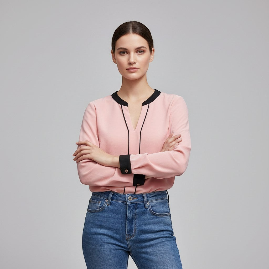 Women's Contrast Trim V-Neck Blouse-Vyana Collective