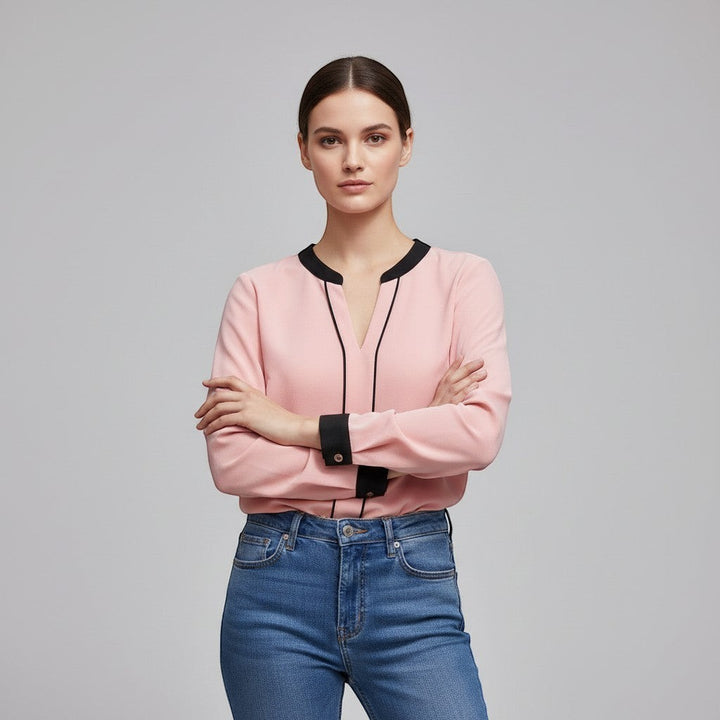 Women's Contrast Trim V-Neck Blouse-Vyana Collective