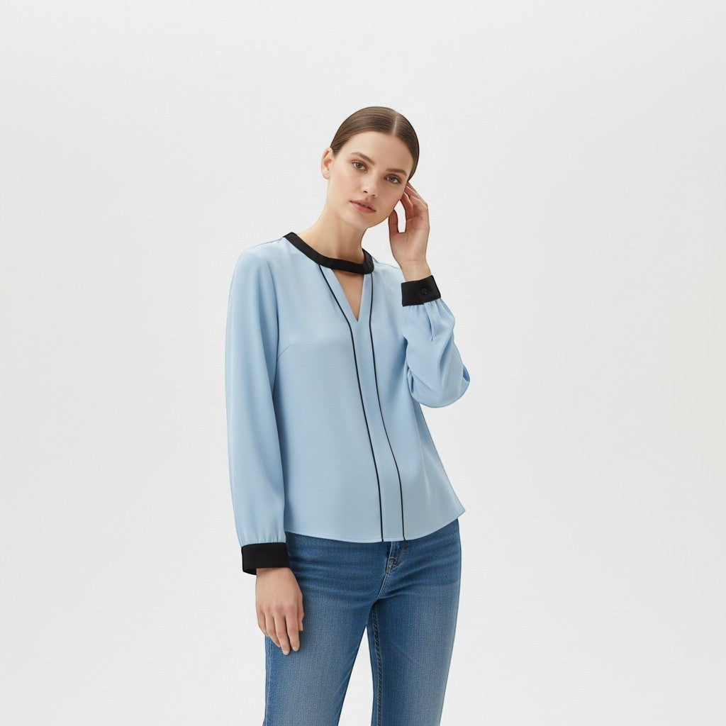 Women's Contrast Trim V-Neck Blouse-Vyana Collective