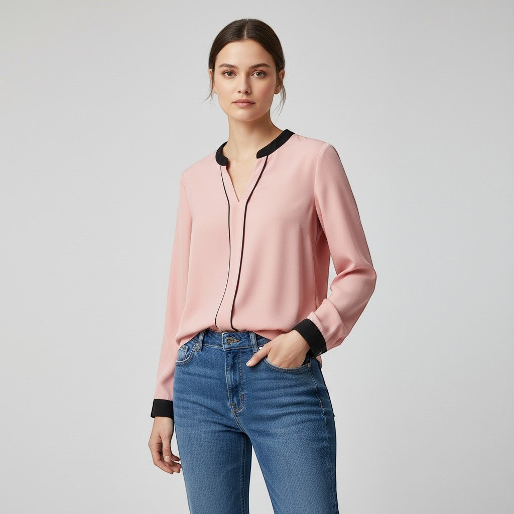 Women's Contrast Trim V-Neck Blouse-Vyana Collective