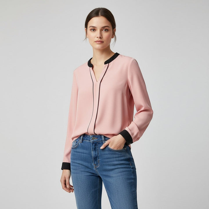 Women's Contrast Trim V-Neck Blouse-Vyana Collective