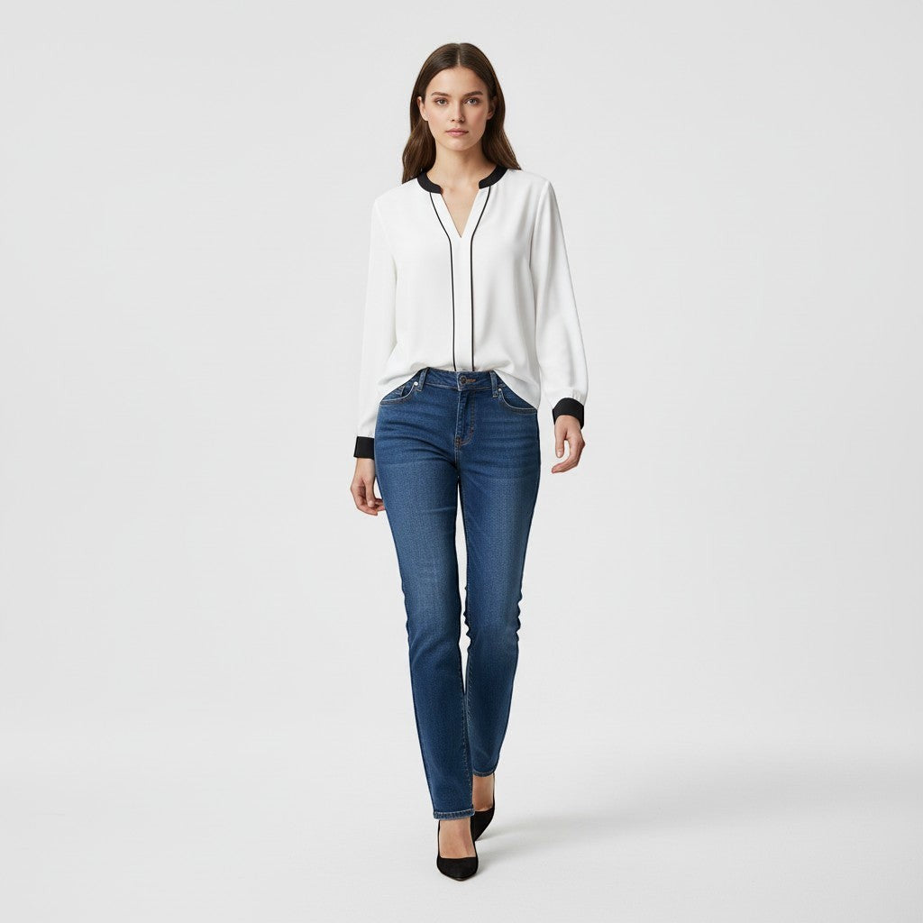 Women's Contrast Trim V-Neck Blouse-Vyana Collective