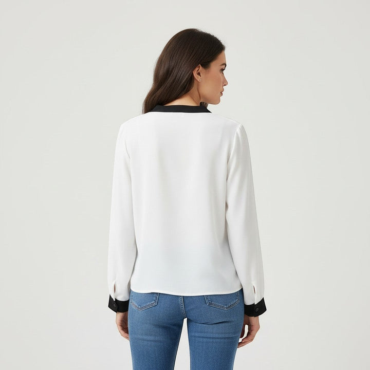 Women's Contrast Trim V-Neck Blouse-Vyana Collective