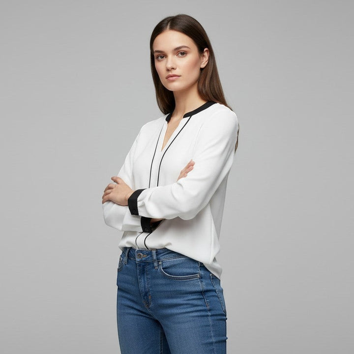 Women's Contrast Trim V-Neck Blouse-Vyana Collective